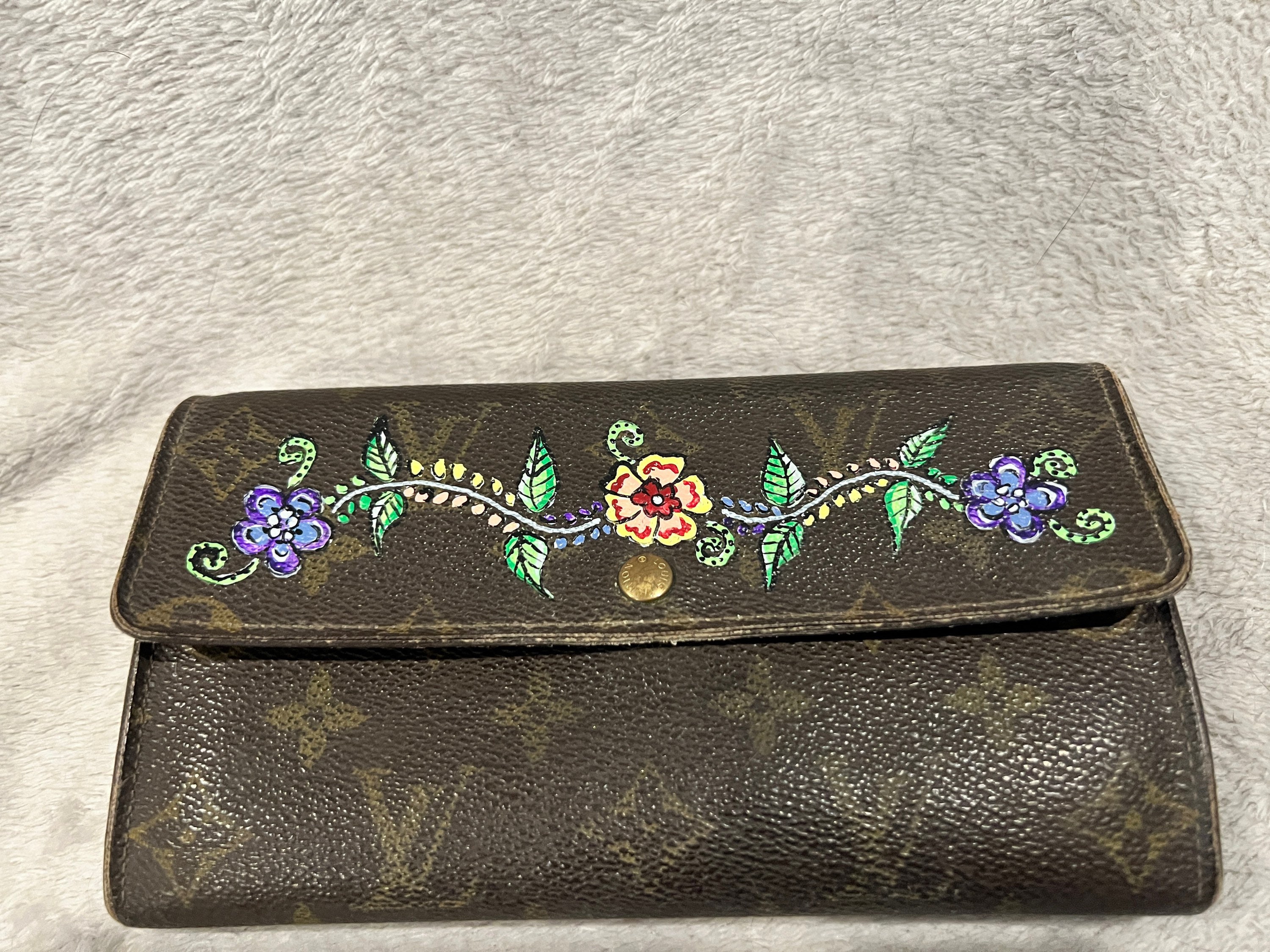 Vintage Designer Wallet With Hand Painted Flowers 