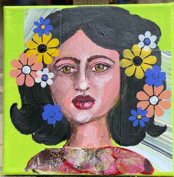 Woman with Flowers - acrylic mixed media painting on 8x8” gallery wrapped canvas