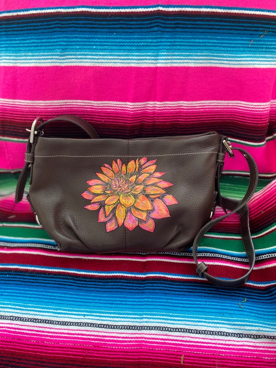 Like new designer Coach purse pebbled leather handbag with hand painted Dahlia flower