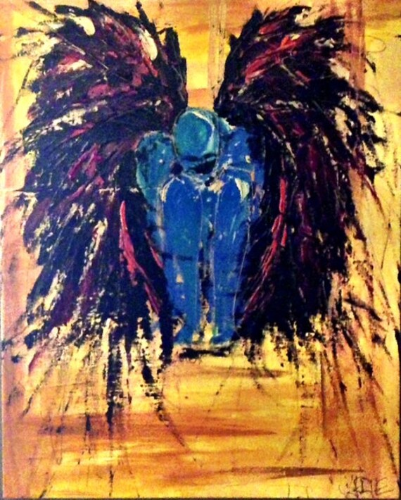 Original Large Scale Colorful Acrylic Painting on Canvas - Angel Winged Woman - Heavily Textured