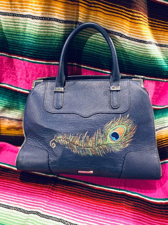 Gorgeous upcycled designer Rebecca Minkoff navy leather purse handbag with hand painted metallic peacock feather