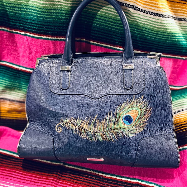 Gorgeous upcycled designer Rebecca Minkoff navy leather purse handbag with hand painted metallic peacock feather