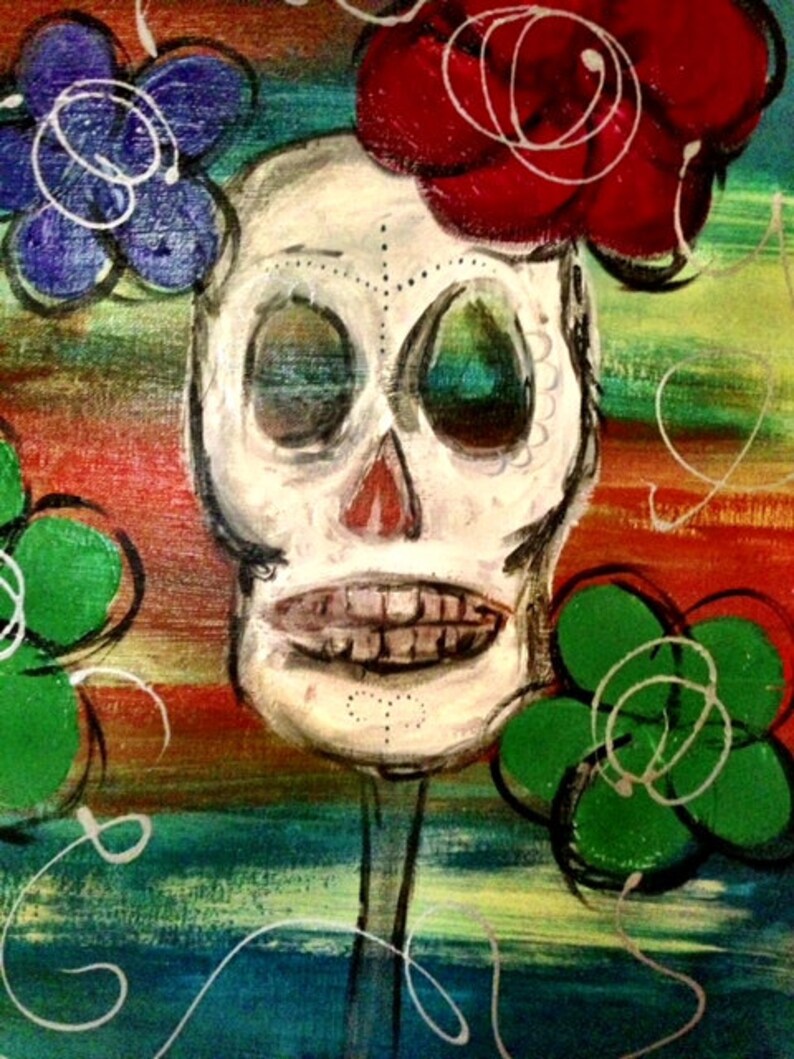 Original Large Skull Painting on Canvas Flowers Colorful Day Etsy