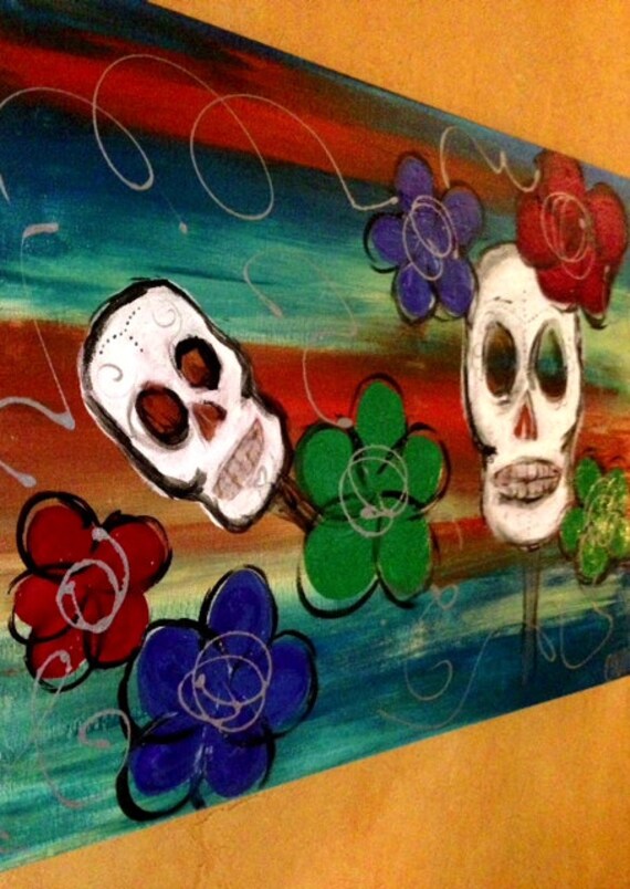Original Large Skull Painting on Canvas - Flowers Colorful Day of the Dead