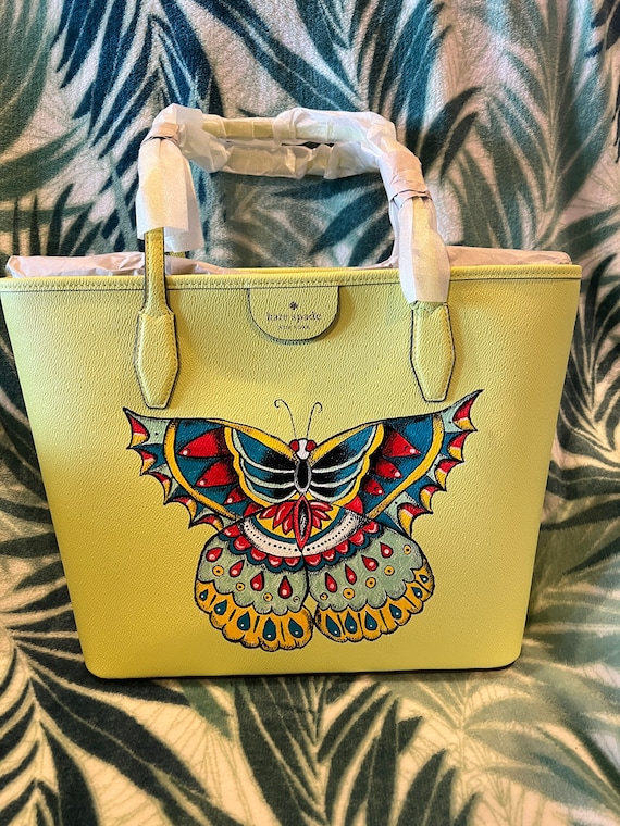 NWT Extra Large Tote Style Kiwi Green Kate Spade Purse Leather Handbag With Hand Painted Moth Etsy