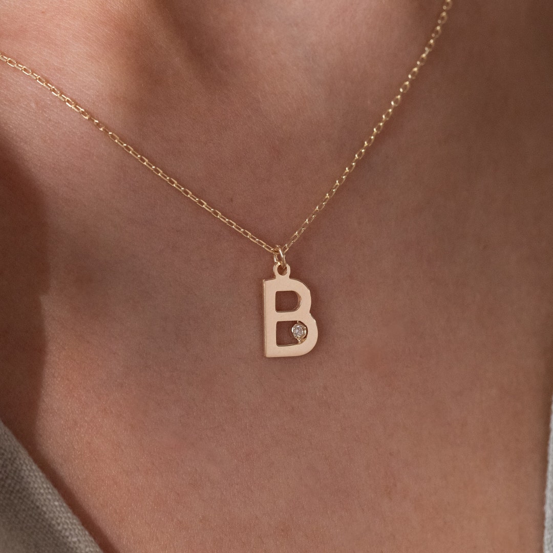 Gold Plated Silver Initial Necklace With Diamond, Customizable Alphabet ...