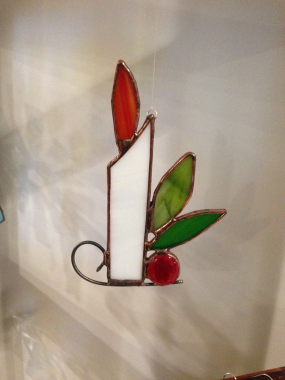 Stained Glass Candle with Berry and Greens Ornament Stained Etsy