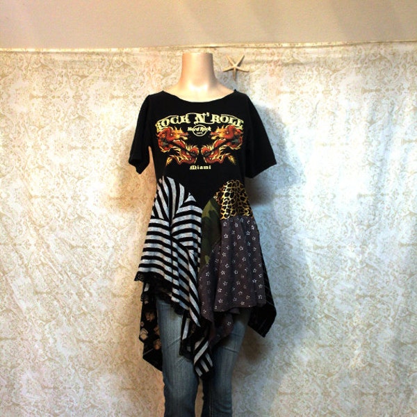 REVIVAL Women's Upcycled Boho TShirt, Country Rocker Girl  Bohemian Junk Gypsy Style, Small to Medium, Recycled Repurposed EcoFriendly