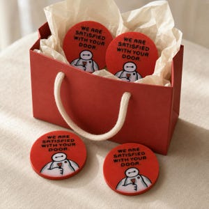 Pode incluir: Um saco de presente vermelho com alças de corda branca contendo dois porta-copos redondos vermelhos, com dois porta-copos correspondentes adicionais colocados à frente. Cada porta-copos apresenta um robô branco segurando um pequeno coração vermelho e o texto WE ARE SATISFIED WITH YOUR DOOR.