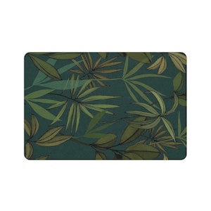 May include: A teal background with a pattern of green and brown leaves. The leaves are drawn in a stylized, almost abstract way.
