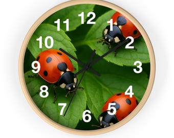 Ladybug Wall Clock, Nature-Inspired Decor, Eco-Friendly Timepiece, Home Office Wall Art, Gift for Nature Lovers Lady bug and leaves