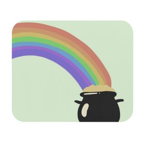 May include: A rainbow with a pot of gold at the end. The pot is black with a gold lid and is filled with gold coins.