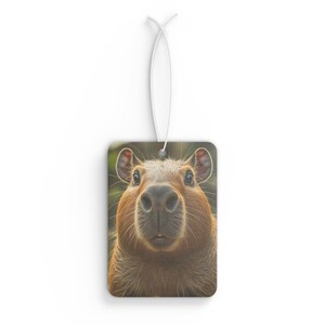 Op de afbeelding: Rechthoekige luchtverfrisser met een close-up van het gezicht van een capibara. De capibara heeft bruine vacht, grote neusgaten en kleine oren. Aan de bovenkant is een wit touwtje bevestigd om op te hangen. De achtergrond is vaag groen.