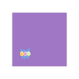May include: Purple background with the text "I'm so egg-stra" in blue letters. The word "egg" is made up of four colorful Easter eggs.