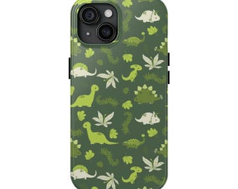 Op de afbeelding: Een groene telefoonhoes met een herhaald patroon van cartoon dinosaurussen in groen- en wittinten, samen met bladmotieven. De hoes heeft een glanzende afwerking en een camera-uitsparing.