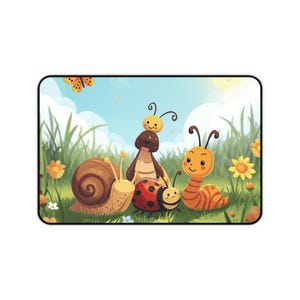 May include: A rectangular mouse mat with a cartoon illustration of insects in a meadow. The image shows a snail, a ladybug, a caterpillar, and other insects, with a butterfly in the sky. The colour scheme is bright and cheerful.