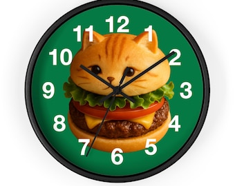 Cute Cat Burger Wall Clock, Adorable Kitchen Decor, Whimsical Pet Lover Gift, Fun Dining Room Wall Art, Unique Cat Lover Clock