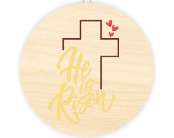 Letreros de madera, letrero de "Él ha resucitado", decoración de Pascua para el hogar, arte religioso de pared, placa cristiana de madera, letrero navideño