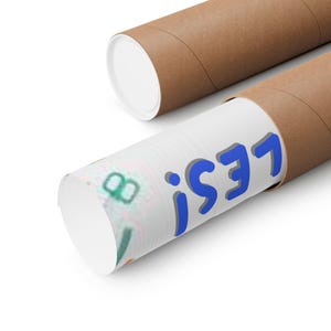May include: A rolled up poster with the word "LES" printed in blue on a white background. The poster is inside a brown cardboard tube.