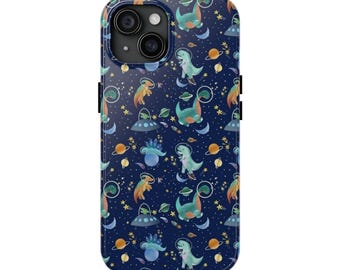 May include: A blue phone case featuring a pattern of dinosaurs in spaceships, planets, and stars.