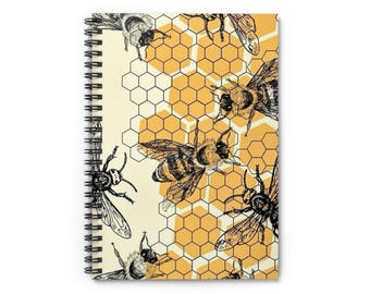 Cuaderno espiral de abejas y panales: Diario de líneas rayadas