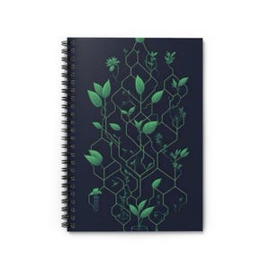 May include: A dark blue notebook with a spiral binding features a green and white illustration of a plant with leaves and stems growing in a geometric pattern.