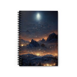 May include: A snowy mountain range with a bright moon in the night sky. The mountains are illuminated by a warm glow of lights, creating a magical and ethereal scene.