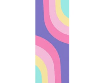 May include: A yoga mat with a colorful rainbow design featuring curved lines in shades of purple, pink, yellow, and blue.