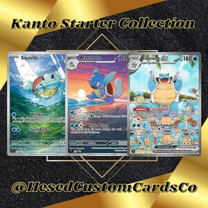 Peut inclure: Un ensemble Kanto Starter Collection comprenant trois cartes à collectionner : Squirtle, Wartortle et Blastoise ex. Les cartes présentent des illustrations colorées de créatures tortues bleues dans des décors aquatiques avec du texte de jeu.