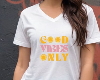 Good Vibes Only Positivity Unisex V-neck Inspirational Graphic Tee, Gifts-For Her