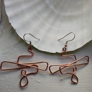 Copper Dangle Wire Wrapped Asymmetrical Earrings, Hammered Copper Jewelry Handmade Wire Earrings