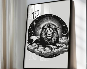 Leo Horóscopo Impresión de pared, Leo, Regalos Leo, Zodíaco Leo, Signo del Zodíaco Leo, Regalo de cumpleaños Leo, Arte de la pared del Zodíaco, Arte brujo, arte de pared espiritual