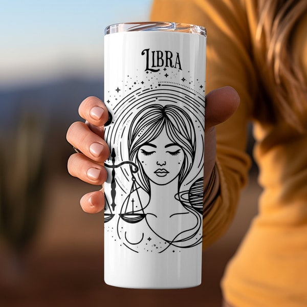 Libra Zodiac Sign Tumbler, Zodiac Tumbler, Libra Gift, Astrology Gift, Black and White Illustration Tumbler, Astrological Art Drinkware