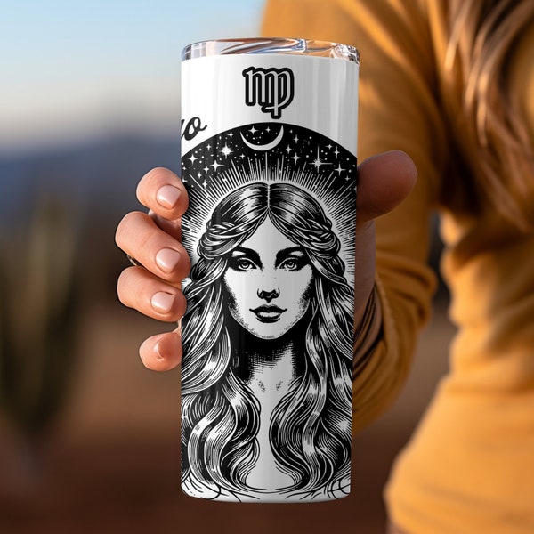 Virgo Zodiac Sign Tumbler, Black and White Astrology Coffee Mug, Starry Night Sky, Celestial Woman Illustration, Unique Gift Idea