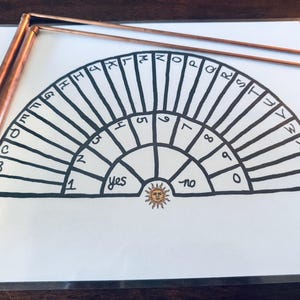 May include: A white circular chart with black lines and numbers 1 through 0, and letters A through Z. The chart has the words "yes" and "no" written below the numbers. A copper-colored pendulum is on top of the chart.