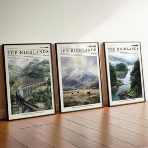 May include: Three framed landscape prints with black frames, each displaying a different Highland scene. The prints feature mountains, a bridge, and a lake. The text "THE HIGHLANDS" is at the top of each print. The text "ECHOES SLEEP IN THE GLENN" and "WHERE THE WILDERNESS WAITS" are visible.
