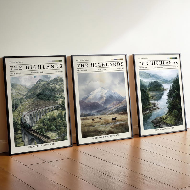 May include: Three framed landscape prints with black frames, each displaying a different Highland scene. The prints feature mountains, a bridge, and a lake. The text "THE HIGHLANDS" is at the top of each print. The text "ECHOES SLEEP IN THE GLENN" and "WHERE THE WILDERNESS WAITS" are visible.