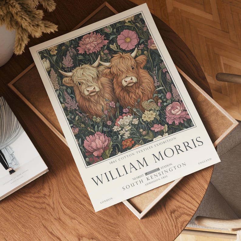 Highland Cow Print, William Morris Wall Art, Rustic Cottagecore Poster, Unframed image 3