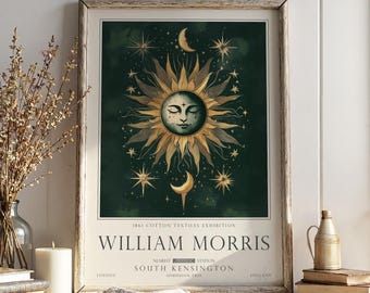 Celestial Moon and Stars Print, William Morris Wall Art, Green and Gold, UNFRAMED