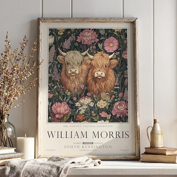 Highland Cow Print, William Morris Wall Art, Rustic Cottagecore Poster, Unframed