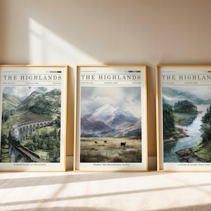 May include: Three framed art prints showcasing Scottish Highlands landscapes. Each print is in a gold frame and has the text "THE HIGHLANDS" at the top. The bottom of each print reads "BORDER SLEEP IN THE GLEN", "WHERE THE WILDERNESS WAITS", and "A SILENCE OLDER THAN TIME".