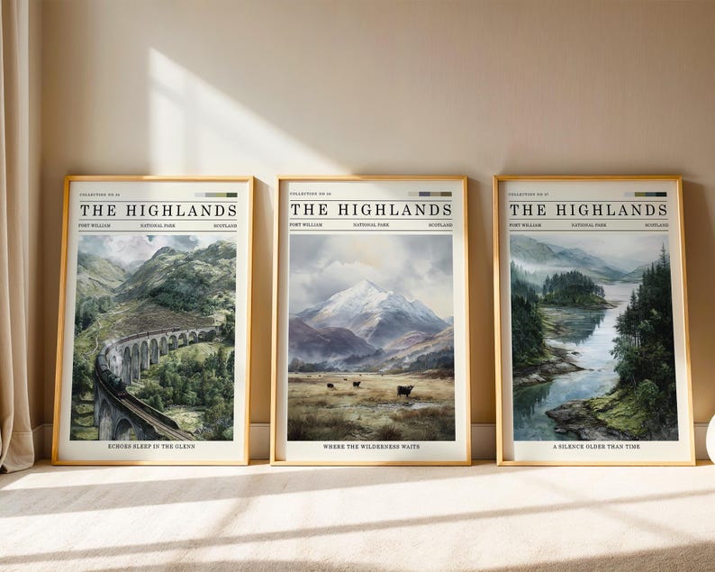 May include: Three framed art prints showcasing Scottish Highlands landscapes. Each print is in a gold frame and has the text "THE HIGHLANDS" at the top. The bottom of each print reads "BORDER SLEEP IN THE GLEN", "WHERE THE WILDERNESS WAITS", and "A SILENCE OLDER THAN TIME".