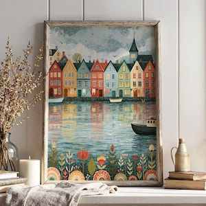 Scandinavian Harbour Print, Nordic Coastal Village Wall Art,  Nautical Artwork, UNFRAMED