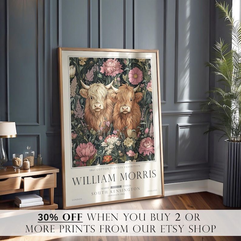 Highland Cow Print, William Morris Wall Art, Rustic Cottagecore Poster, Unframed image 2