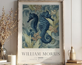 Ocean Seahorse Print, William Morris Bathroom Wall Decor, Sea Life Decor, UNFRAMED