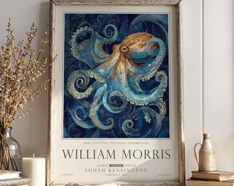 Nautical Octopus Print, William Morris Inspired Bathroom Wall Art, Vintage Ocean Decor, UNFRAMED