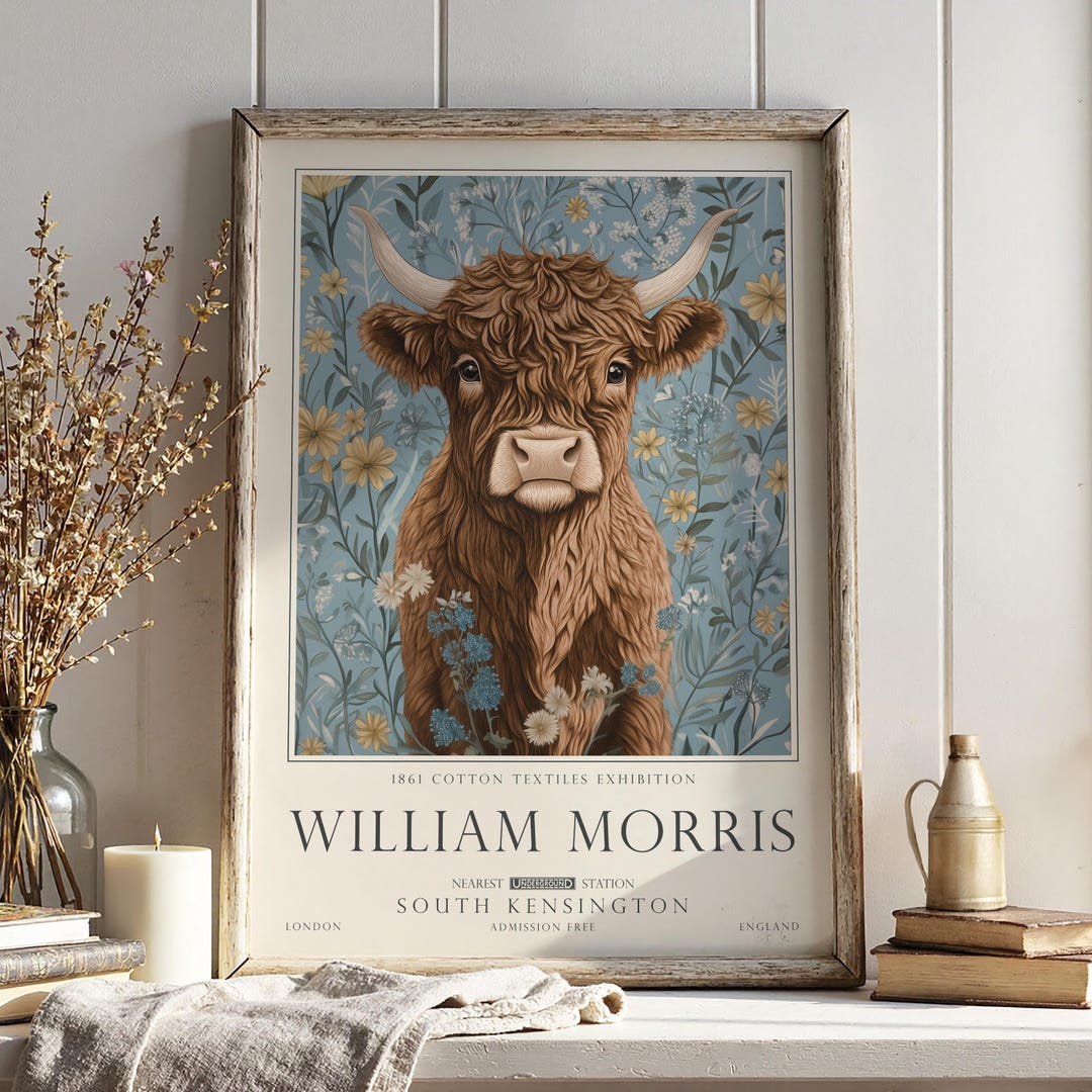 Highland Cow Wall Art, William Morris Style Blue Floral Print ...