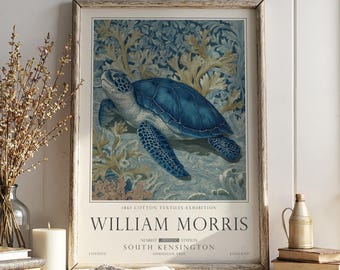 Nautical Turtle Print, William Morris Inspired Bathroom Wall Art, Vintage Ocean Decor, UNFRAMED