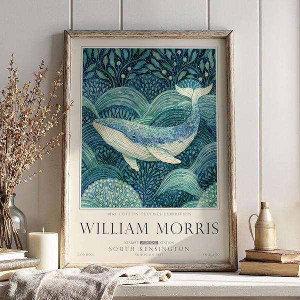 Whale Wall Art, William Morris Coastal Print, Sea Life Decor, UNFRAMED