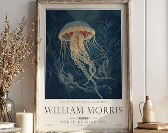 Nautical Jellyfish Print, William Morris Inspired Bathroom Wall Art, Vintage Ocean Decor, UNFRAMED